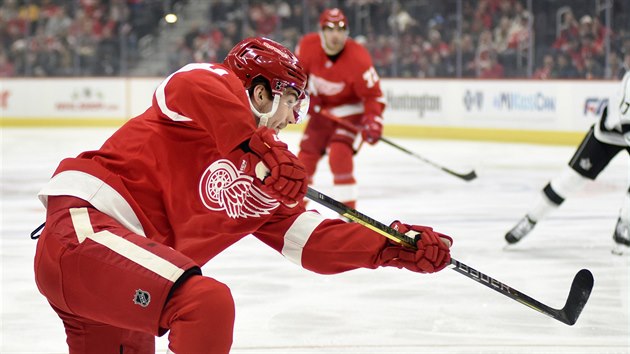 Filip Zadina z Detroitu se opřel do střely na branku Los Angeles. Filip Zadina z Detroitu se opřel do střely na branku Los Angeles.