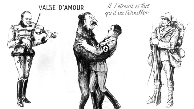 Valk lsky - dobov karikatura z roku 1939 ve francouzskm tisku.