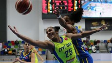Alyssa Thomasová (vlevo) z USK Praha si jde pro doskok v zápase s Castors... Alyssa Thomasová (vlevo) z USK Praha si jde pro doskok v zápase s Castors...
