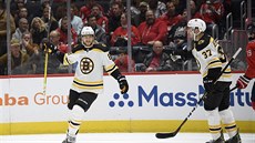 David Pastrňák (vlevo) z Bostonu slaví gól proti Washingtonu, blahopřát mu jede... David Pastrňák (vlevo) z Bostonu slaví gól proti Washingtonu, blahopřát mu jede...