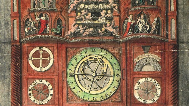 Podoba olomouckho orloje z roku 1747. Autorem maleb, je tento stroj zdobily po jeho ji tet oprav, byl znm moravsk barokn mal Jan Krytof Handke.