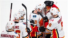 Hrái Calgary Flames slaví výhru nad Minnesota Wild po nájezdech kolem svého...