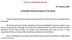 Prohláení královny Albty II. k odchodu prince Harryho a vévodkyn Meghan z...