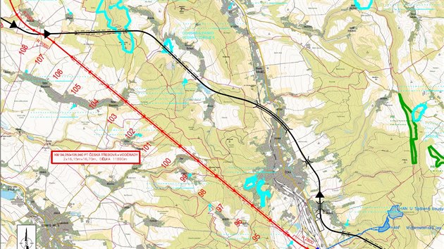 Výřez s tunelem a přístavem u České Třebové ze studie proveditelnosti vodního koridoru D-O-L.