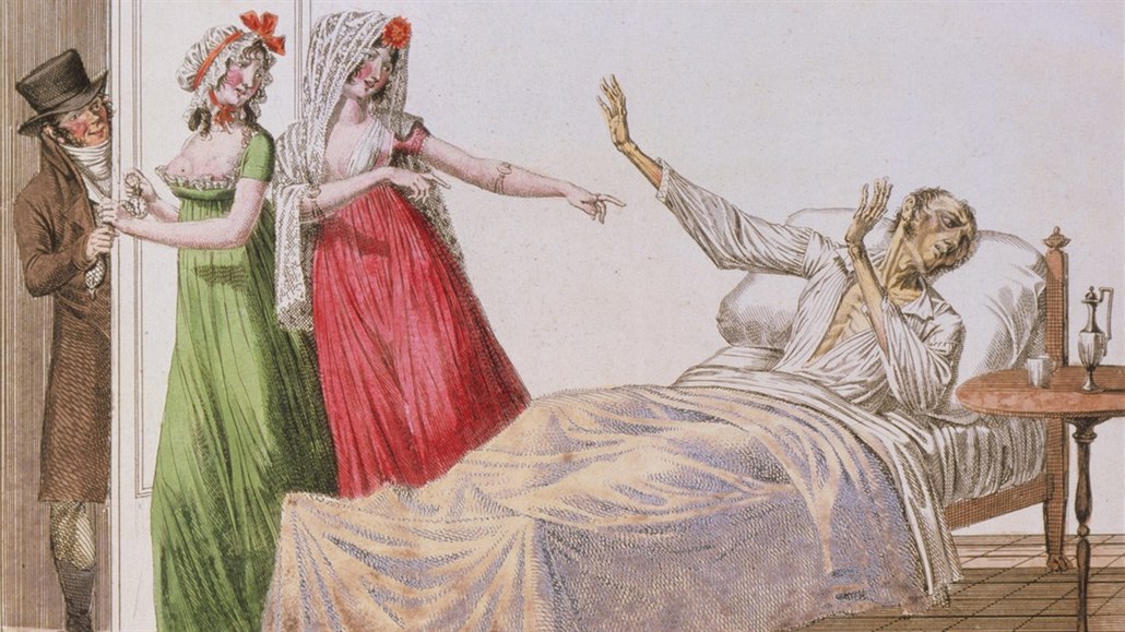 Ilustrace z devatenáctého století znázoruje nemocného mue trpícího syfilisem