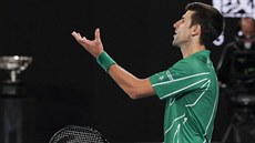 Srb Novak Djokovič diskutuje s rozhodčím ve finále Australian Open. Srb Novak Djokovič diskutuje s rozhodčím ve finále Australian Open.