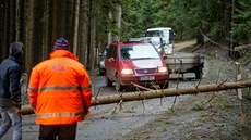 Řidiči svépomocí odtahují strom padlý přes silnici mezi Špičáckým sedlem a... Řidiči svépomocí odtahují strom padlý přes silnici mezi Špičáckým sedlem a...