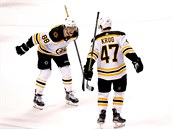 David Pastrk (vlevo) a Torey Krug oslavuj vtzn gl.