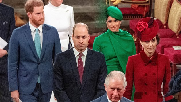 Princov Charles, William a Harry a vvodkyn Kate a Meghan (Londn, 9. bezna 2020)
