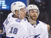 Ondej Palt (18) a Brayden Point (21) oslavuj trefu Tampa Bay.