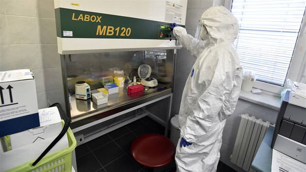 Laborantka v Krajské nemocnici Tomáše Bati ve Zlíně testuje odebraný biologický... Laborantka v Krajské nemocnici Tomáše Bati ve Zlíně testuje odebraný biologický...