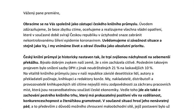 Pln znn otevenho dopisu adresovanho premiru Andreji Babiovi ke stavu kninho trhu - strana prvn (24. bezna 2020)