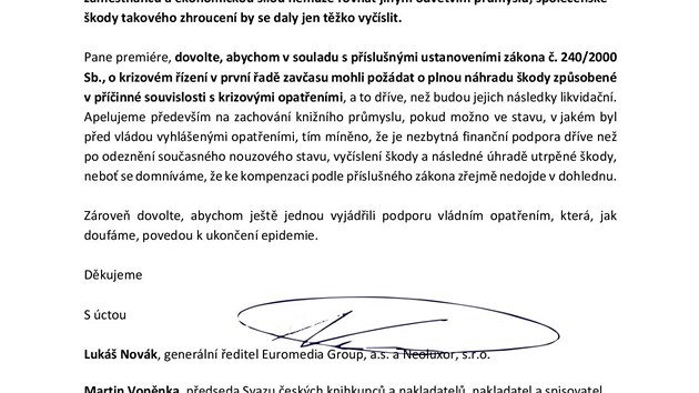 Pln znn otevenho dopisu adresovanho premiru Andreji Babiovi ke stavu kninho trhu - strana druh (24. bezna 2020)