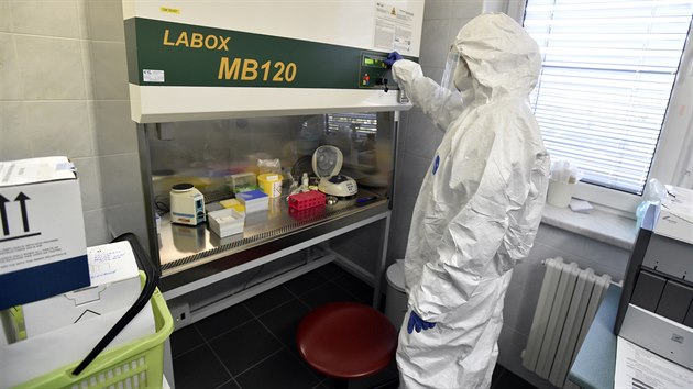 Laborantka v Krajsk nemocnici Tome Bati ve Zln testuje odebran biologick vzorek na ptomnost novho koronaviru.