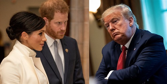 Vévodkyn Meghan, britský princ Harry a americký prezident Donald Trump