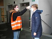 Dobrovolnice měří příchozím do nemocnice teplotu bezkontaktním teploměrem. Dobrovolnice měří příchozím do nemocnice teplotu bezkontaktním teploměrem.