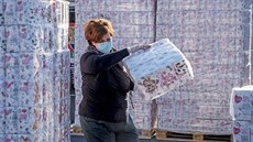 Žena vykládá zásoby toaletního papíru ve Frankfurtu. Po panický nákupech se... Žena vykládá zásoby toaletního papíru ve Frankfurtu. Po panický nákupech se...