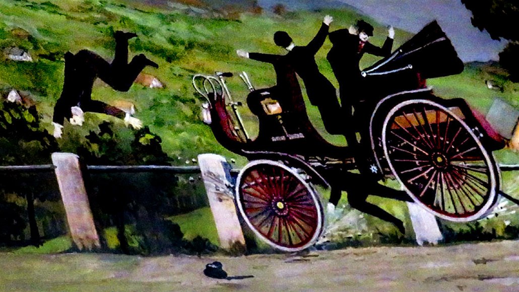 Dobová ilustrace první tragické automobilové nehody v eských zemích. Pi jízd...