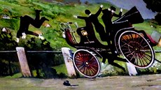 Dobová ilustrace první tragické automobilové nehody v českých zemích. Při jízdě... Dobová ilustrace první tragické automobilové nehody v českých zemích. Při jízdě...