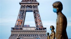 Zlaté sochy na náměstí Trocadero před Eiffelovou věží ozdobené rouškami. (14.... Zlaté sochy na náměstí Trocadero před Eiffelovou věží ozdobené rouškami. (14....