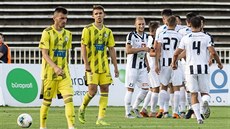 Radost fotbalistů Hradce po gólu v utkání proti Varnsdorfu. Radost fotbalistů Hradce po gólu v utkání proti Varnsdorfu.
