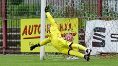 Vítkovický brankář Tomáš Netolička se marně natahuje za míčem. Vítkovický brankář Tomáš Netolička se marně natahuje za míčem.