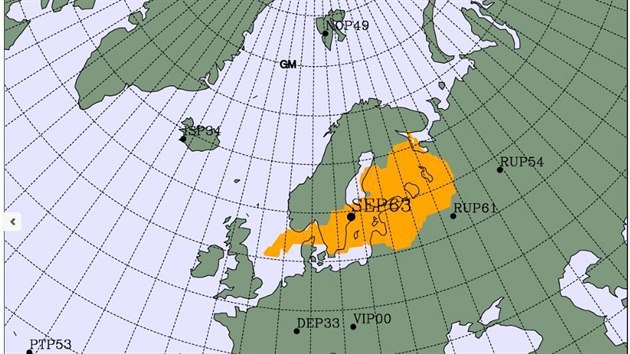 Možná oblast původu radioaktivních částic, detekovaných nad severní Evropou
