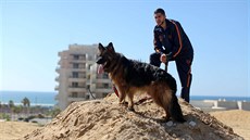 Palestinec drí svého domácího mazlíka na vodítku bhem výstavy ps ve mst...