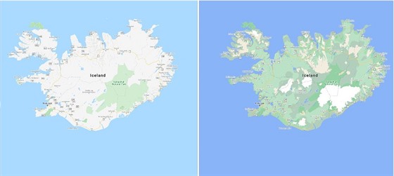 Porovnání pvodní (vlevo) a nové grafiky Google Maps