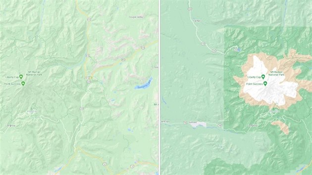 Porovnn pvodn (vlevo) a nov grafiky Google Maps. Na novm snmku je vidt ponkud nepirozen pravideln okraj hustji zalesnn oblasti.