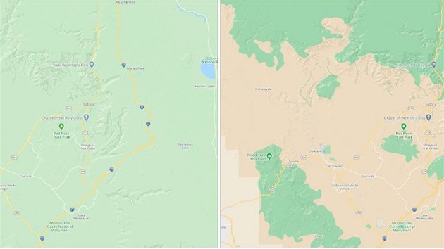 Porovnn pvodn (vlevo) a nov grafiky Google Maps,.
