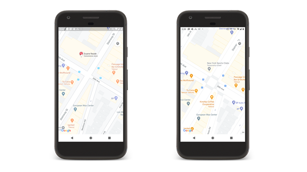 Mapy Google v blzk budoucnosti v nkterch mstech ukou sprvnou ku ulic, ale teba i pechody pro chodce.  (vlevo souasn podoba, vpravo pipravovan).