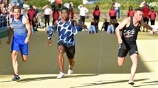 Jan Jirka (zleva), Michael Rodgers a Richard Kilty na mítinku v Chebu. Jan Jirka (zleva), Michael Rodgers a Richard Kilty na mítinku v Chebu.