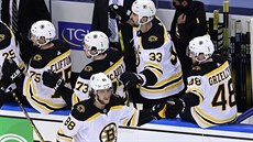 David Pastrňák z Bostonu slaví se spoluhráči svůj gól proti Tampě. David Pastrňák z Bostonu slaví se spoluhráči svůj gól proti Tampě.