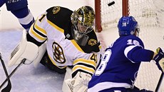 Ondřej Palát z Tampy překonává Jaroslava Haláka v brance Bostonu. Ondřej Palát z Tampy překonává Jaroslava Haláka v brance Bostonu.