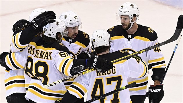 Hokejist Boston Bruins se raduj z glu Davida Pastrka.