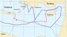 Mapa územních nároků ve Středozemním moři. Modrá linie ukazuje, jak si vytyčení...