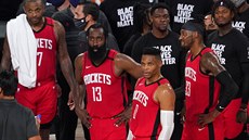 P. J. Tucker, James Harden (13), Russell Westbrook (0), Robert Covington (33) a... P. J. Tucker, James Harden (13), Russell Westbrook (0), Robert Covington (33) a...