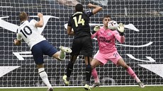 Branká Newcastlu Karl Darlow kryje stelu, kterou vyslal Harry Kane (vlevo) z...