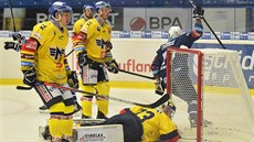 Brankář Českých Budějovic Jiří Patera inkasuje gól. Brankář Českých Budějovic Jiří Patera inkasuje gól.
