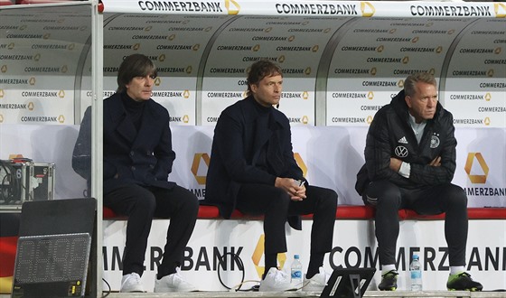 Zaraený Joachim Löw (vlevo) na lavice nmecké reprezentace bhem utkání Ligy...