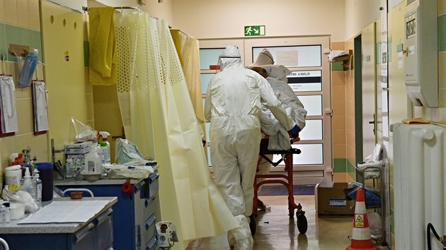 Zdravotnci na Klinice infeknch chorob Fakultn nemocnice Brno peuj o pacienta s covidem-19. (26. ledna 2021)