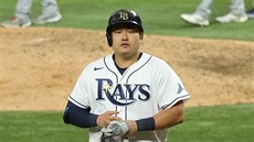 Ji-Man Choi z Tampa Bay Rays bhem tetího zápasu Svtové série