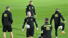 Čeští fotbalisté v čele se Zdeňkem Ondráškem na předzápasovém tréninku před... Čeští fotbalisté v čele se Zdeňkem Ondráškem na předzápasovém tréninku před...