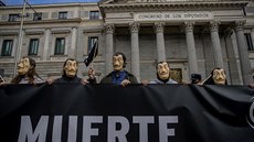 Před budovou parlamentu v Madridu se sešlo několik desítek demonstrantů, kteří... Před budovou parlamentu v Madridu se sešlo několik desítek demonstrantů, kteří...