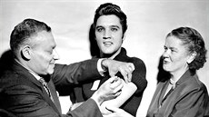 Elvis Presley pózuje fotografům při očkování v roce 1956 Elvis Presley pózuje fotografům při očkování v roce 1956