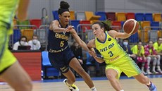 Zleva Jasmine Thomasová z Fenerbahce Istanbul a Teja Oblaková z USK Praha. Zleva Jasmine Thomasová z Fenerbahce Istanbul a Teja Oblaková z USK Praha.
