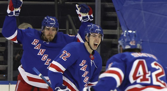 Filip Chytil (uprosted) z New York Rangers se raduje z gólu v duelu s New...