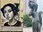 Díla na legální zdi pro tvorbu graffiti v ulici Mezi Vodami (vlevo) a bronzová...
