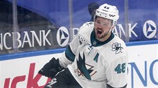 Tomáš Hertl ze San Jose se raduje z vítězného gólu. Tomáš Hertl ze San Jose se raduje z vítězného gólu.